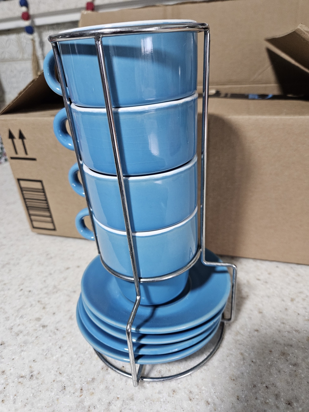 Stackable Blue Espresso Cup and Saucer Set with Metal Stand